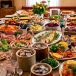 Guests serving themselves from a lavish buffet of festive food