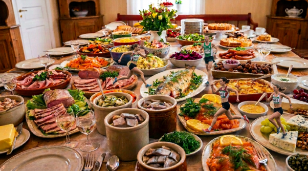 Guests serving themselves from a lavish buffet of festive food